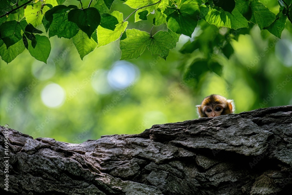 Poster a curious monkey peeks from behind a large tree trunk, partially obscured by lush green leaves.