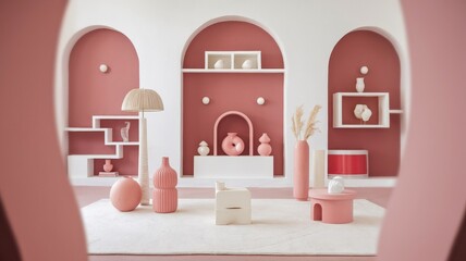Contemporary pastel pink interior with geometric decor and niche shelves in modern minimalistic living room style