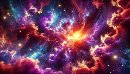 Obraz premium Vivid cosmic nebula clouds with glowing star clusters and swirling patterns of purple and orange hues generated using generative AI for banners.