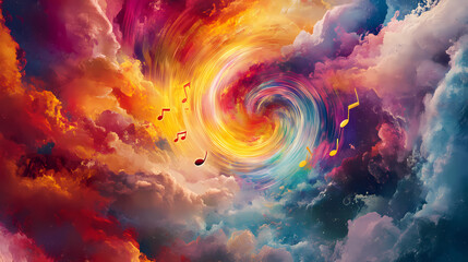 Obraz premium Colorful musical explosion with swirling notes and rainbow. Crescendo. Illustration