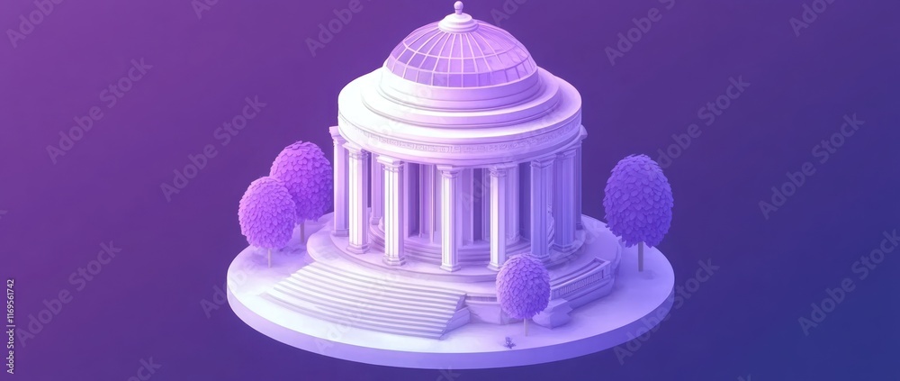 Poster isometric illustration of a classical rotunda with trees and steps.