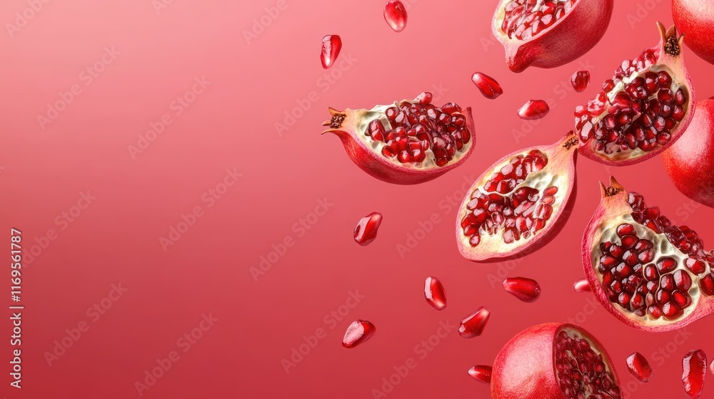 Aufkleber falling pomegranates and seeds on red background.