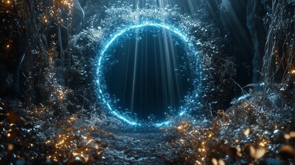 A dark neon blue portal surrounded by overgrown silver-hued vines and golden flowers, with light beams emanating from the portal creating a radiant glow through the wild, untamed growth.
