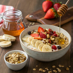 A nutritious, energizing breakfast featuring fruits, whole grains, proteins