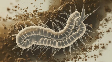 Close-up microscopic view of transparent soil-dwelling worm with bristles crawling through brown organic matter