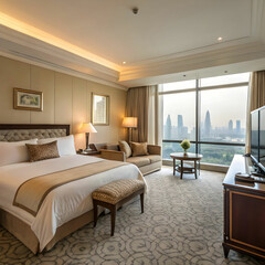 Fototapeta premium An indoor hotel offering comfortable rooms, elegant decor, luxurious amenities