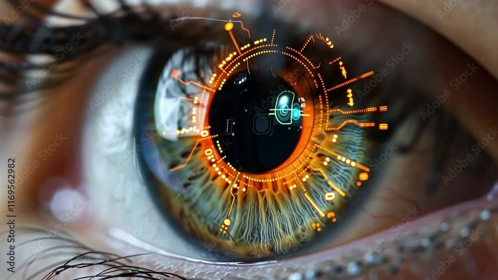 Poster a close-up view of a human eye featuring vibrant colors and digital circuits. this artwork illustrat