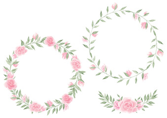 Rose wreaths, watercolor roses. Texture. Floral arrangements. Flowers. Decor for postcards. Clip art. Wedding, holiday invitation. Festive event. Decoration, scrapbooking.