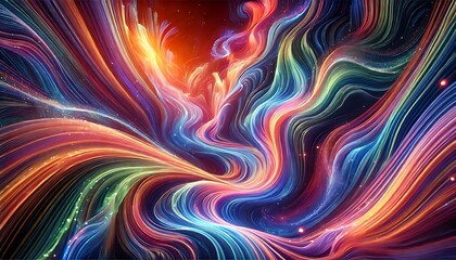 Obraz premium Surreal glowing wave patterns resembling flowing silk with radiant edges and vivid jewel tones designed using generative AI for banners.