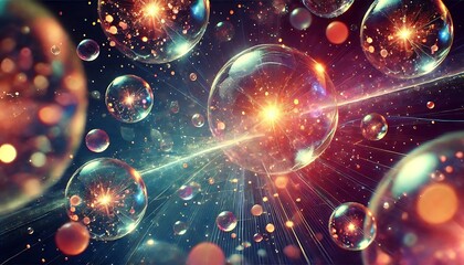 Floating glowing orbs with radiant energy cores encased in transparent spheres drifting over a cosmic gradient created using generative AI for banners.