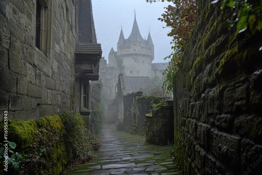 Aufkleber misty cobblestone path leading to a medieval castle in a foggy town.