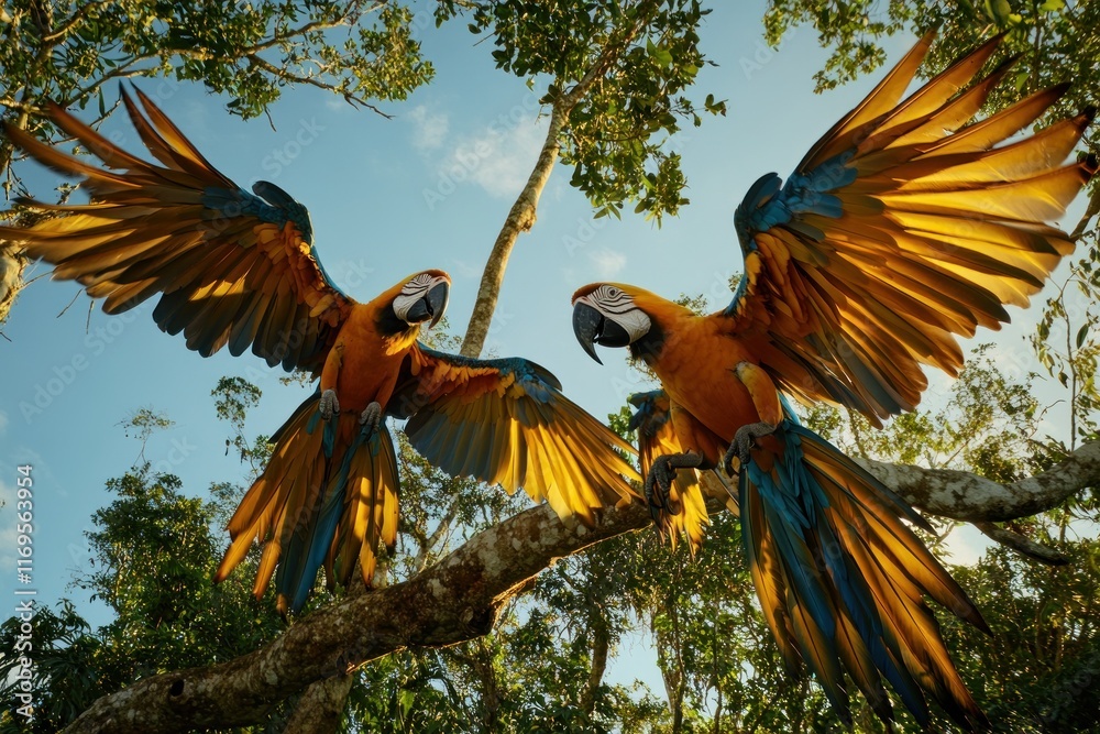 Poster two vibrant macaws with wings spread, perched on a branch against a bright sky.