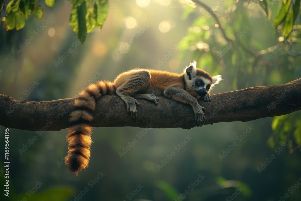 Poster Ring-tailed lemur resting on a tree branch in a sunlit forest.