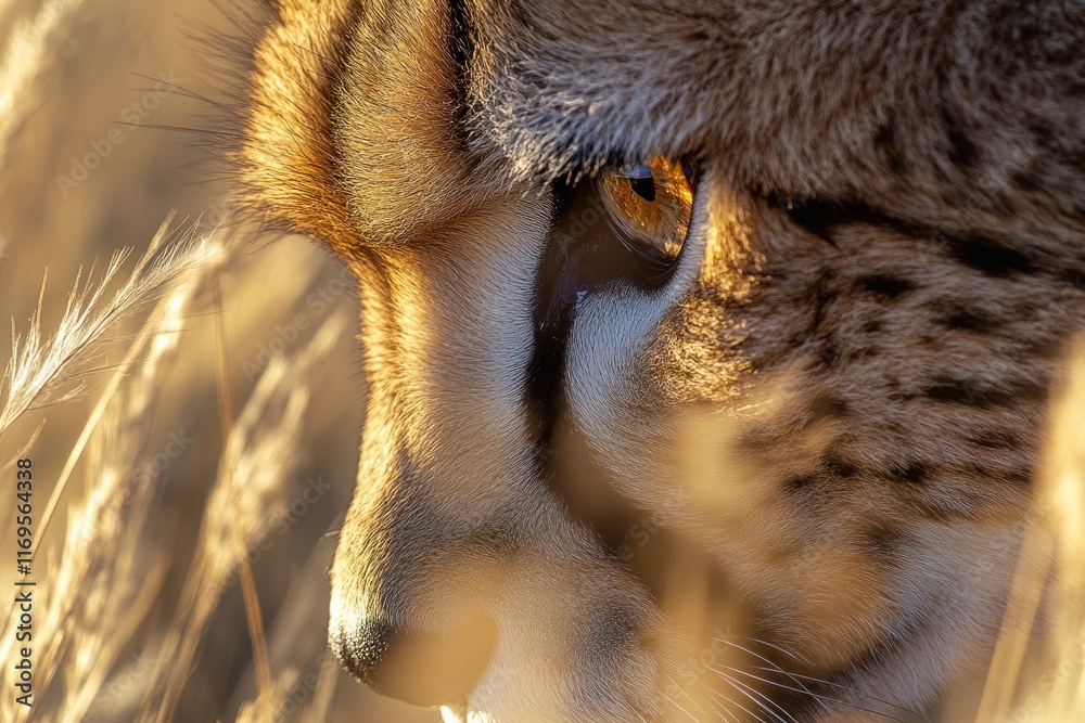 Poster close-up of a serval's face in tall grass at sunset, showing its intense gaze and unique markings.