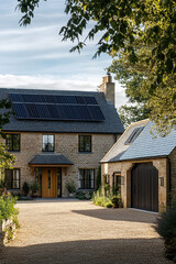 Naklejka premium A contemporary stone house equipped with solar panels, nestled in a serene rural landscape, basking in the warmth of a sunny afternoon
