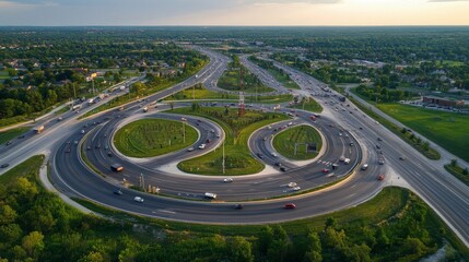 An aerial picture of a highway crossroads or road interchange showing heavy urban traffic moving quickly. Drone-captured junction transit network. -