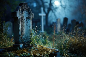 Mysterious Graveyard: Eerie Glowing Gravestone in the Moonlit Mist