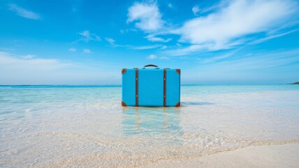 Blue vintage suitcase standing in shallow clear water on tropical beach with turquoise sea and bright sky in background