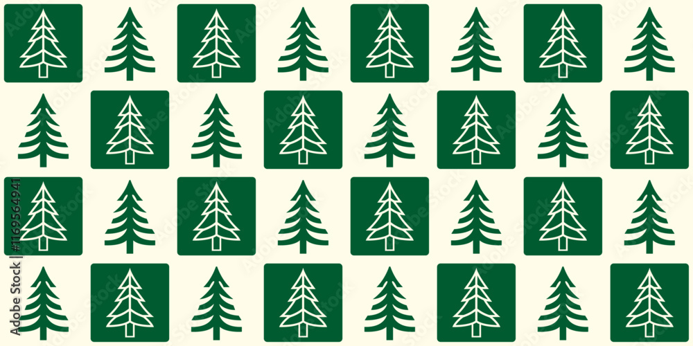 Poster christmas trees, in a checkerboard pattern. green cells with herringbones, checkerboard pattern of s