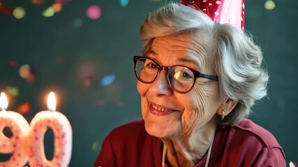 A smiling elderly woman wearing a party hat celebrates her 90th birthday with a cake and lit candles. Joyful milestone.