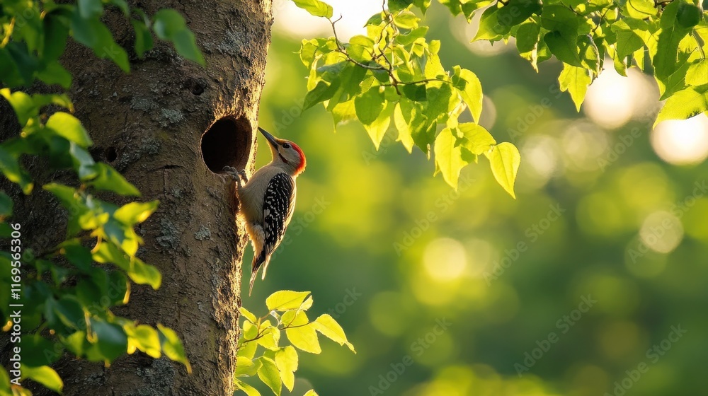 Poster red-bellied woodpecker at its nest hole in a tree trunk, sunlight filtering through leaves.