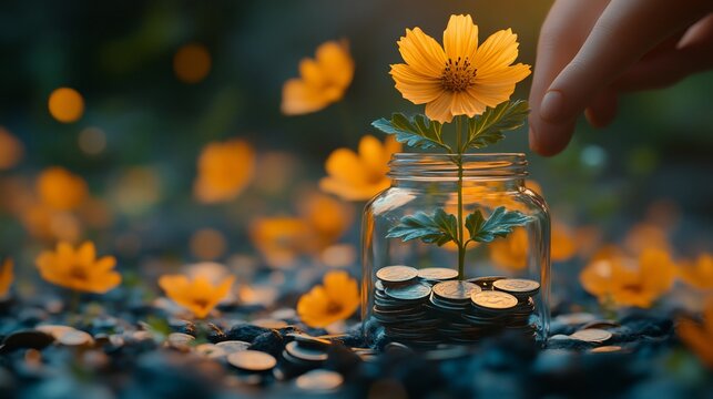 Hand nurturing flower growing from coins in jar, sunset bokeh