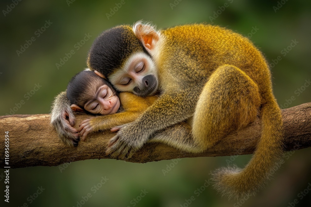 Poster Two adorable squirrel monkeys cuddling and sleeping on a tree branch.
