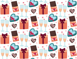 Romantic background with chocolate, gifts, wine glasses, hearts and candies. Seamless pattern with elements for Valentine's Day. 