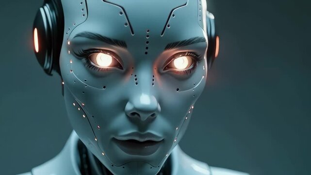 A close-up of a futuristic female robot's face with glowing eyes and intricate details. Artificial sentience.
