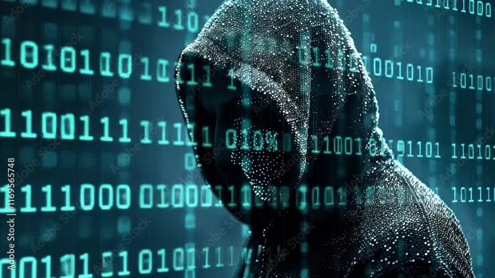 Poster A cloaked individual stands in a dimly lit, high-tech background, surrounded by streams of glowing binary code. The atmosphere evokes a sense of secrecy and technology.