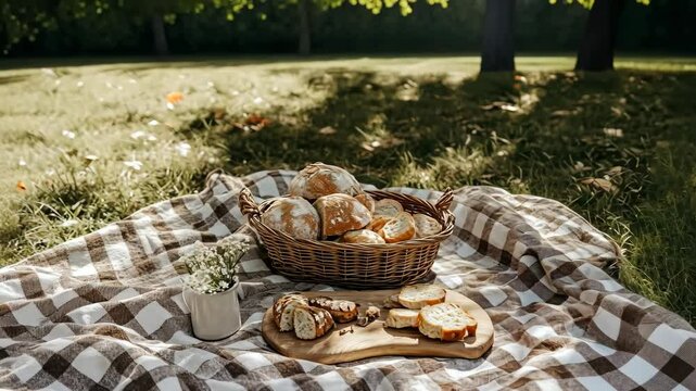 Picnic with fresh bread and pastries on a sunny afternoon in a green park