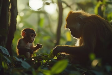 Mother monkey and baby monkey in lush green forest.