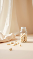Clear glass jar filled with white colored magnesium glycinate capsules on a light-colored surface.