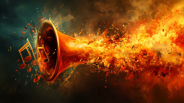 An explosive orange bell emits a crescendo of musical notes and colors, reflecting the dazzling fusion of sound and visual artistic expression in a unique style. Crescendo. Illustration