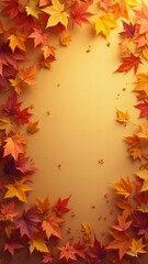 Fototapeta premium Autumn maple leaves in warm tones surrounding empty center space