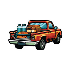 A realistic vector illustration of a red pickup truck parked at a campsite, with a basket of food, jars, and water bottles in the bed. © arisadobe