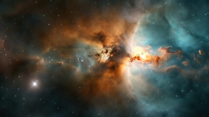   A giant star dominates a field of many stars, with an even brighter orange star at its core