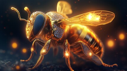 A grand queen bee with a gold-plated body and diamond-encrusted wings, radiating light as she commands her hive, which glows softly in the background.