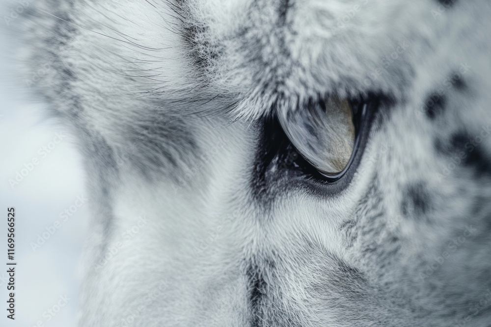 Poster close-up of a snow leopard's eye, showing its fur texture and intense gaze.