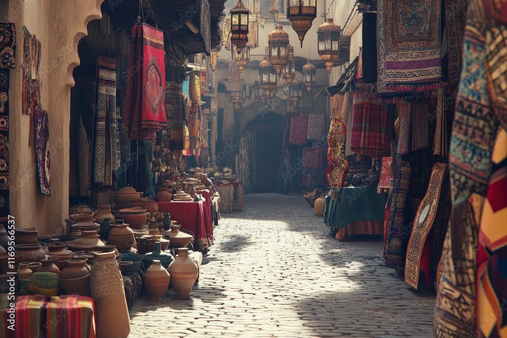 Aufkleber sunlit alleyway in a bustling marketplace, lined with shops displaying colorful textiles and earthen