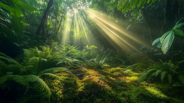 A lush green rainforest with rays of sunlight breaking through dense, vibrant foliage, casting soft golden beams on the forest floor covered in moss and ferns.