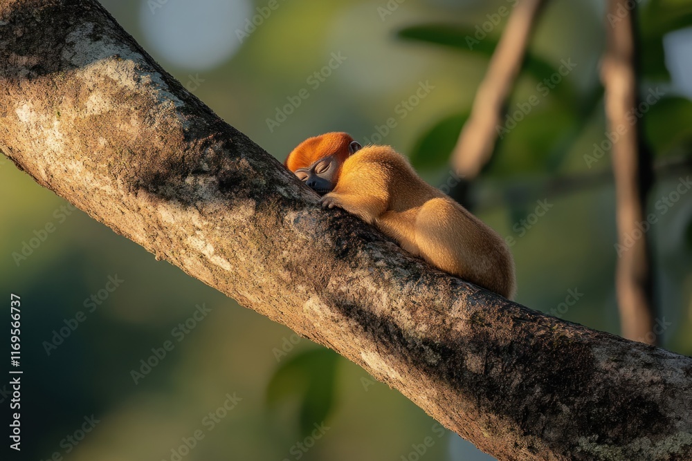 Poster a golden-furred monkey naps peacefully on a tree branch in the dappled sunlight of a lush forest.