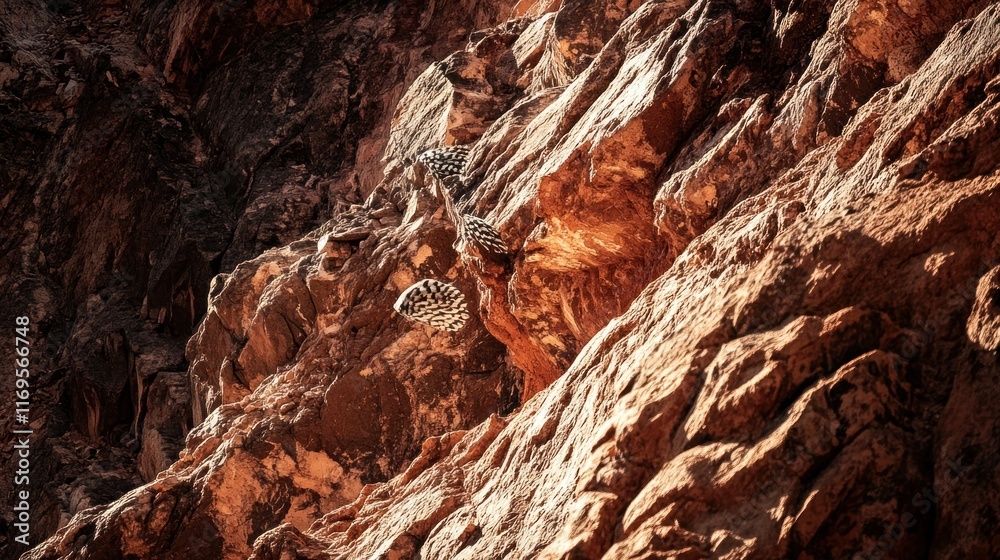 Poster close-up of rugged, reddish-brown rock face with unique texture and subtle light play.