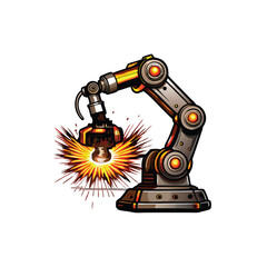 A robotic arm with sparks welding a metal part.