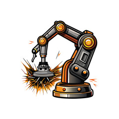 Illustration of a robotic arm welding metal parts in a factory.