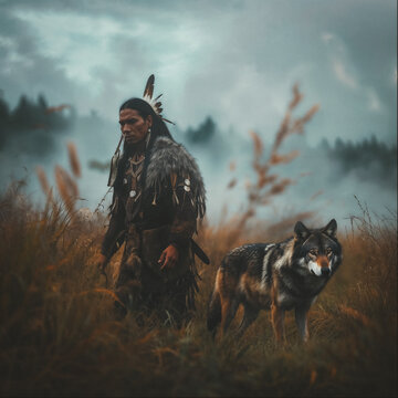 Indigenous warrior walking with his pet wolf through a field in autumn