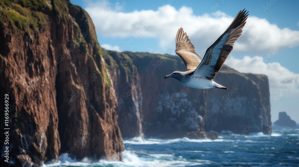 Poster a large seabird in flight soars over dramatic coastal cliffs and ocean waves on a sunny day.