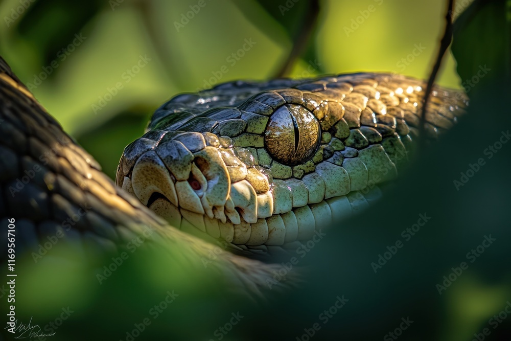 Aufkleber close-up of a python's head and eye peeking from lush green foliage.