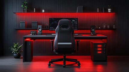 Red-lit gaming setup with black desk and chair.