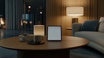 Empty tablet on a coffee table shows a clear sky weather app, set in a modern living room with a cactus and cozy decor